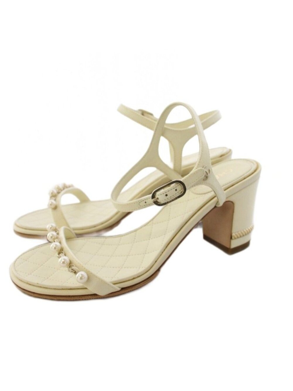 Chanel Quilted Strap Sandals CC Logo Faux Pearl 36C White